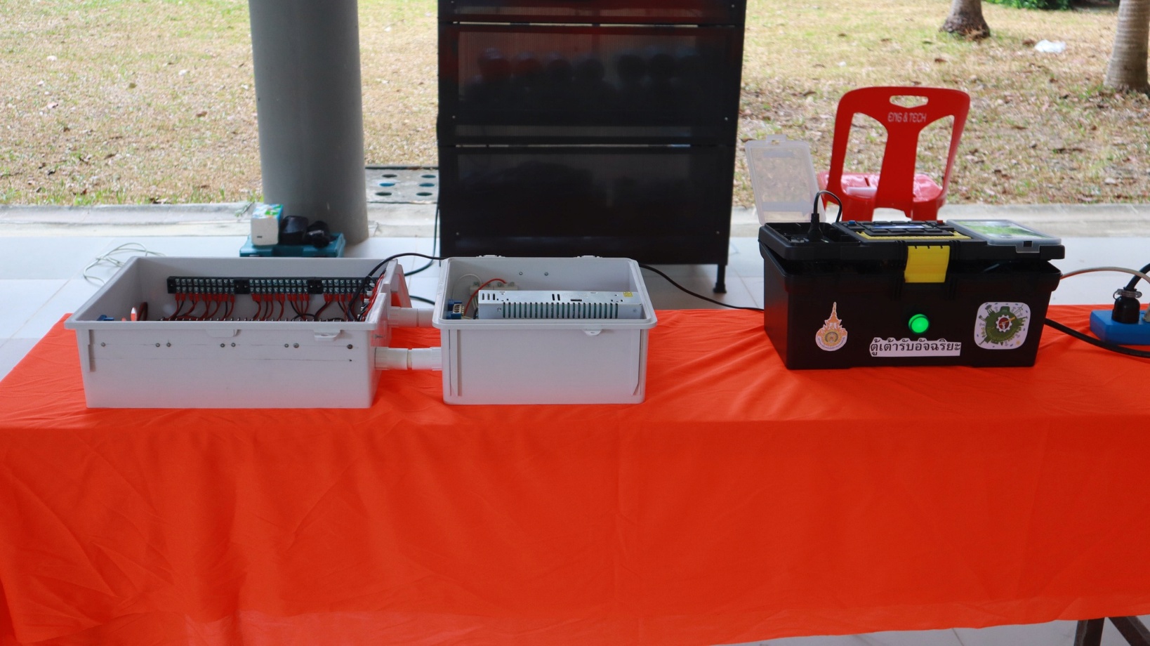 A table with boxes and electronics on it

AI-generated content may be incorrect.